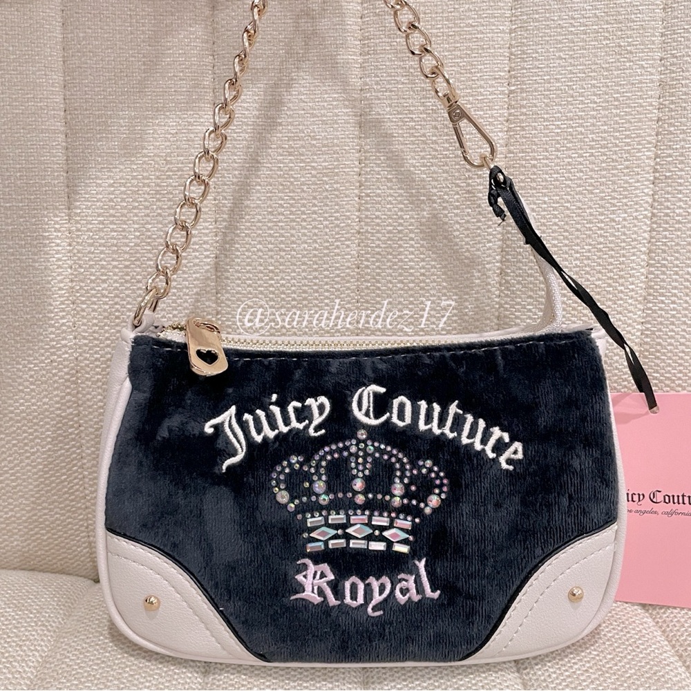 Juicy Couture Royal Velour Baguette Wristlet Bag Black Rhinestone‎ Crown Y2K